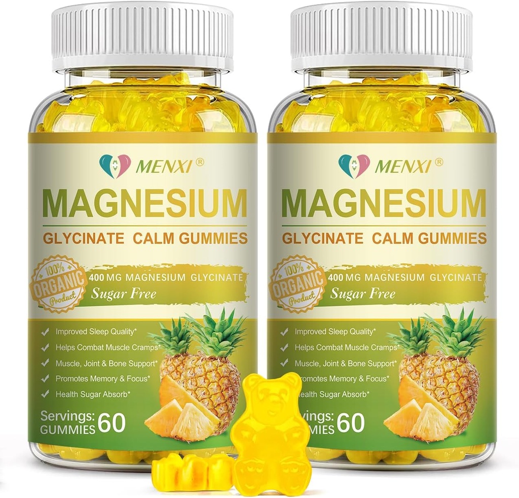 Magnesio Glycinate Gummies 400mg, Zucchero Gratuito Magnesio Taurate,Magnesium Malate Supplement con Vitamina D, B6, CoQ10 per il Rilassamento, Stress Relief, Muscolo, Bone & Sleep Support-120 Ananas Gummies