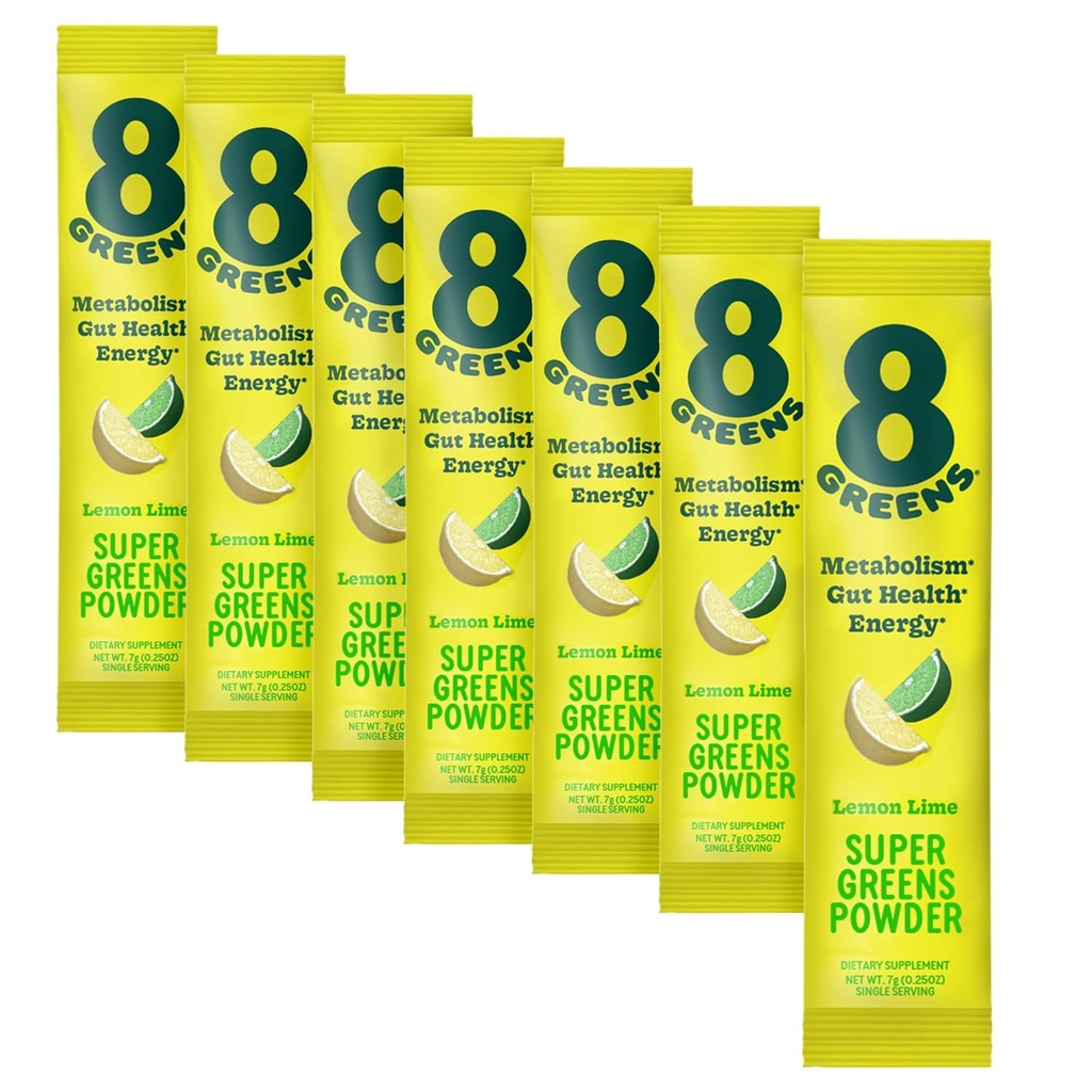 8Greens Super Greens Powder.com Mélange prébiotique et probiotique Superfoods pour la santé des Guts, le métabolisme, le débloquer, avec fibre, enzymes digestives, biologique: Spiruline, Chlorella, Lime citron, 7 portions