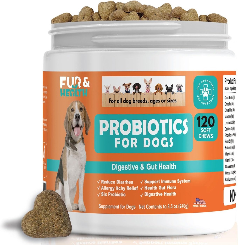 Probiotici per cani Supplemento di salute digestivo Allergy & Itchy Skin - Trattamento del gas di diarrea Pet Relief di Stomach Relief Chicken Flavor 120 Soft Chews