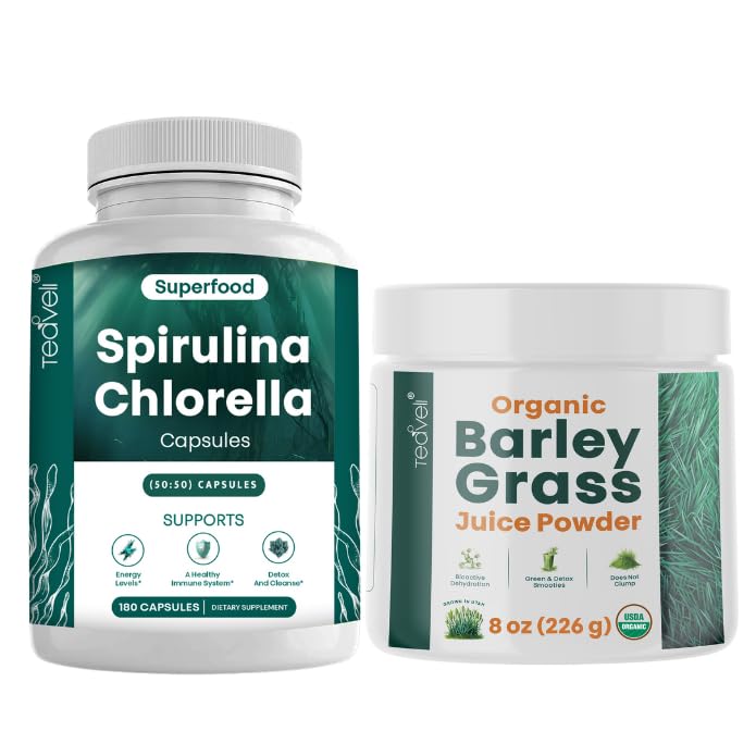 Teaveli Spirulina Chlorella Kapseln und Gerste Grassaft Pulver Bundle