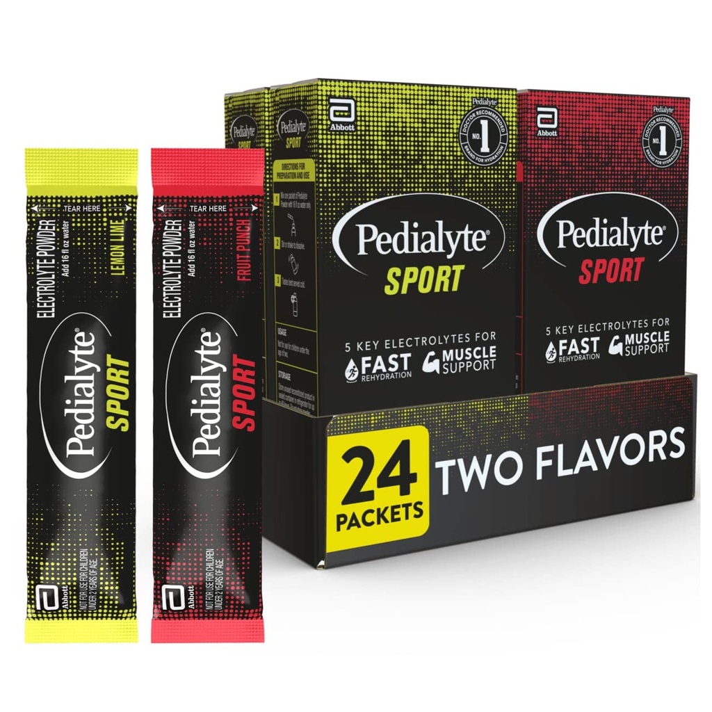 Pedialyte Sport Poudre d'électrolyte, Hydratation rapide avec 5 électrolytes clés pour le soutien musculaire avant, pendant et après l'exercice, 12 citron Lime et 12 fruits Punch, 0.49-oz Packets (24 comte)