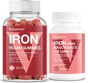 Gommies de fer végane + Bisglycinate de fer 30MG.com Supplément de fer végane pour le sang sain et l'énergie quotidienne pour les adultes et les enfants - 90 comte+60 comte