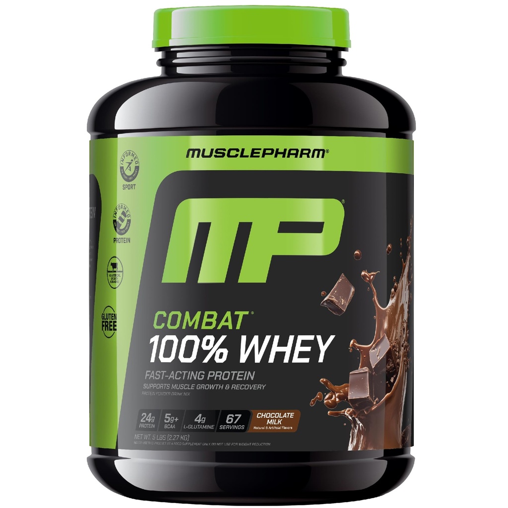 MusclePharm Combat 100% polvere di proteine del siero di latte, latte di cioccolato, recupero rapido e guadagno muscolare con isolato di siero di latte, polvere di proteine elevata per le donne e gli uomini, senza glutine, 5lb, 67 Servings