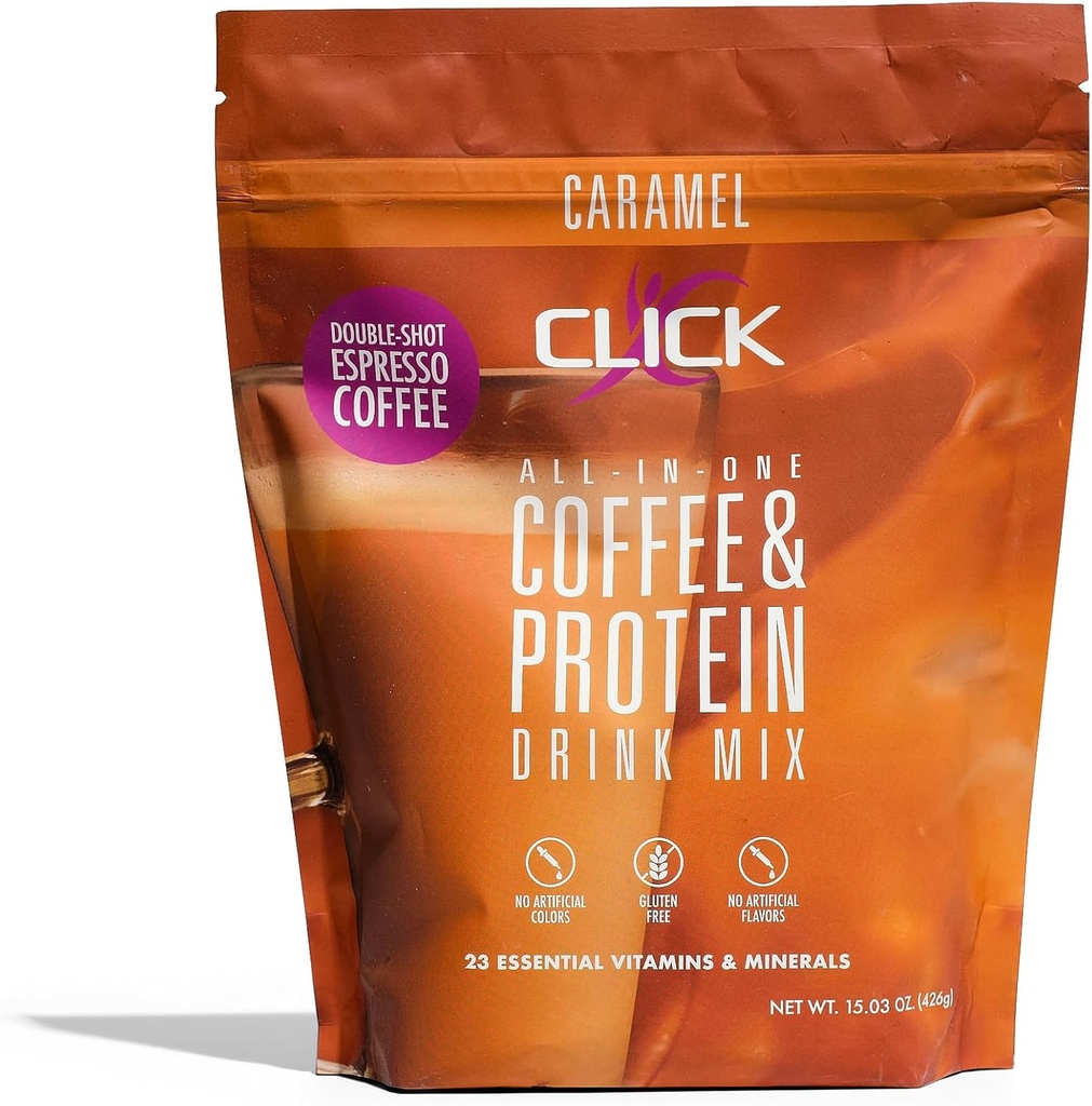 Click Coffee Protein Powder | Double Shot Espresso | 16g Protein | 23 Vitamine essenziali | Bassa Calorie Meal Sostituzione | 150mg Caffeina | Gluten Free | No Artificial Flavors or Colors | Caramel