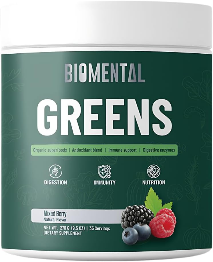 Integratore Biomental Greens- Berries-Detox - Salute Digestiva, Miscela Antiossidante, Polvere Verde - Premium Green Immune Support Nutritional Supplement - Gut Support for Men and Women 9.5 oz