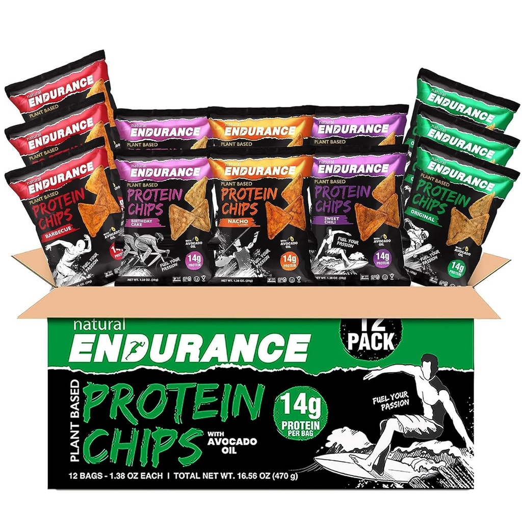 Chips naturels de protéines d'endurance - Chips à faible teneur en glucides, Snack à haute teneur en protéines, Protéine végétalienne avec huile d'avocat, 14g de protéines par sac, sans gluten, Nacho, barbecue, Chili, gâteau d'anniversaire, Original - Pack de variétés, 1,38 oz Sacs (Pack de 12)