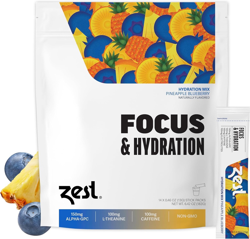 Zest Focus & Productivity Energy Drink – Ananas Blueberry Clean Energy Powder Packets avec 100 mg de caféine, L-Theanine et 150 mg Alpha GPC Nootropics – Electrolytes à faible teneur en sucre pour la mémoire – 14 bâtons