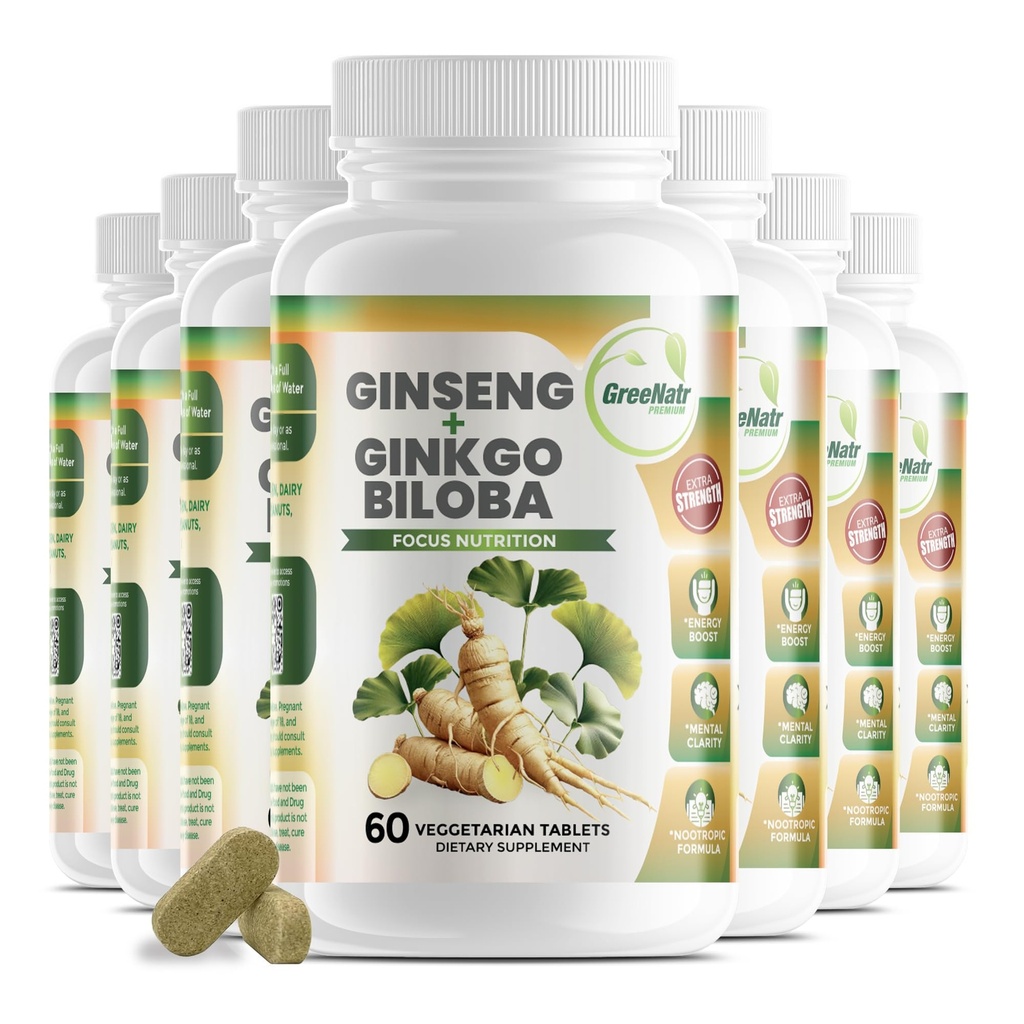 GreeNatr Ginko Biloba & Panax Ginseng Supplemento - Red Ginseng Brain Supplemento per Memoria e Focus - Ginkgo Biloba Integratori per Buona Visione, Sistema Immune e Flusso Del Sangue Migliorato - 12 Bottiglie
