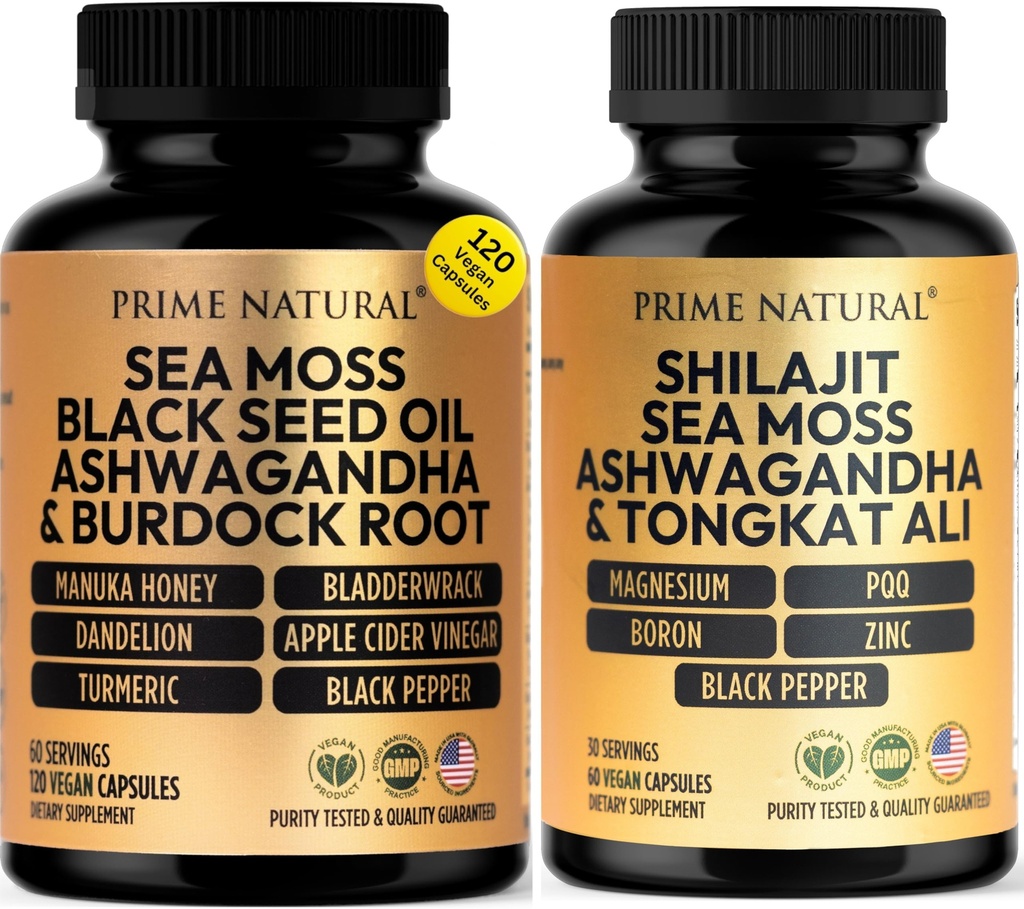 PRIME NATURAL Iris Sea Moss Black Seed Oil Shilajit Ashwagandha - 2 Flaschen - Vegan Kapseln