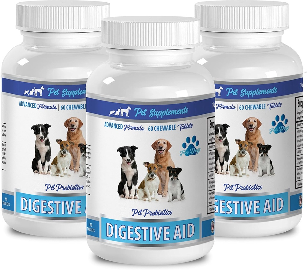 SUPPLÉMENTS DE PET & NUTRIITION LLC Pilules à gaz pour chien - PROBIOTIQUES D'AIDE Digestive pour chien - Approche naturelle - Solution à la mauvaise haleine et au gaz - Contre la diarrhée - Chien à l'aide d'une mauvaise respiration - 3 bouteilles (180 traités)