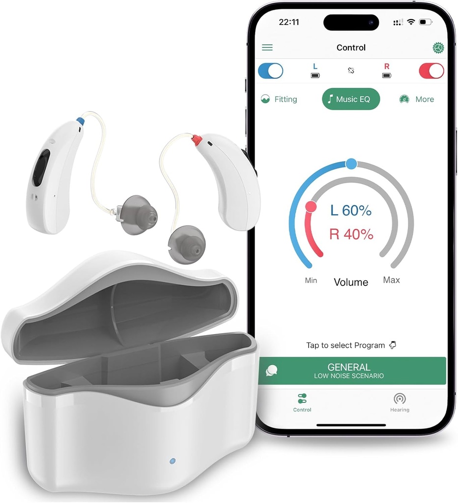 Apparecchi acustici per anziani ricaricabili, apparecchi acustici RIC 16 Channel con Bluetooth per adulti, apparecchi acustici senior con cancellazione del rumore intelligente, dispositivo di apparecchi acustici digitali con controllo APP, bianco