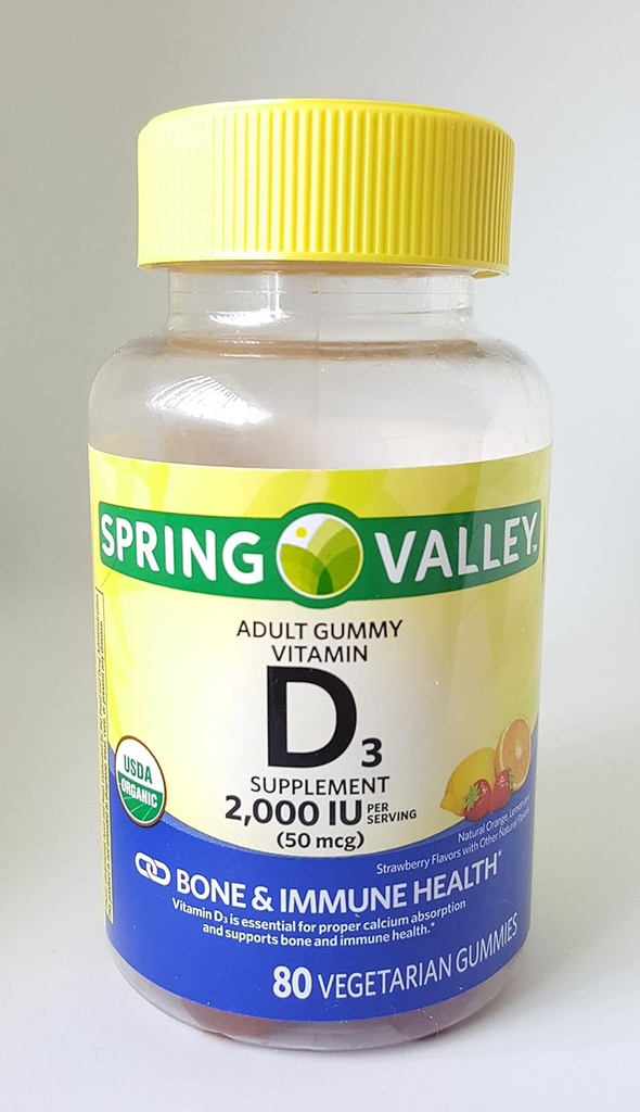 Spring Valley Adult Gummy Vitamin D3 Supplement, 2000IU, 50mcg USDA Organic, 80 Vegetarian Gummies