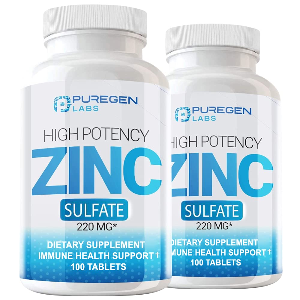Puregen Labs Sulfate de zinc 220 mg Comprimés de complément alimentaire - 100 Compte (paquet de 2)