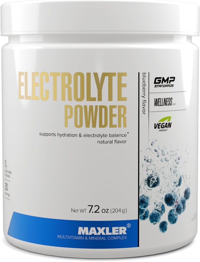 Poudre d'électrolyte Maxler - Poudre d'hydratation Mélange de boisson d'électrolyte avec complexe minéral de traces - Poudre d'électrolyte Keto avec arômes naturels et édulcorants - 30 portions - Blueberry
