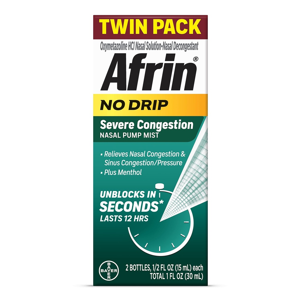 Afrin No Drip Congestion sévère Mist de nasal Twin Pack, non somnolent, cognac à action rapide pour la congestion nasale et le soulagement de la pression sinusale, adultes et enfants 6 et plus, .5 fl oz (paquet de 2)