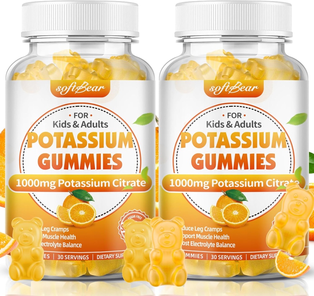 Citrato di potassio morbido 1000mg, Gummie di potassio senza zucchero per gli adulti Supporto Crampe di gambe &amp; salute del muscolo Alta potenza Supplemento di potassio Gummies Arancione Flavor 120 Conte