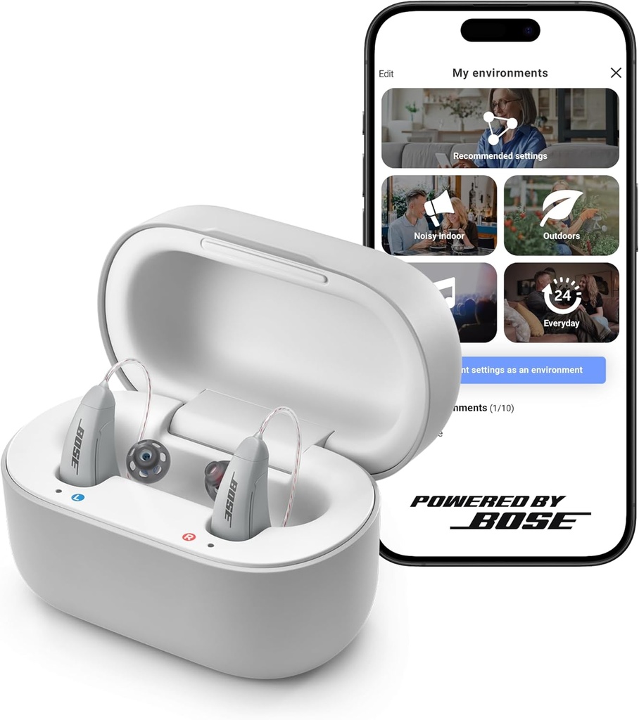 Lexie B2 OTC Hörgeräte Powered by Bose - Bluetooth Call Enabled für iOS, wiederaufladbar mit App Control, den ganzen Tag Komfort. Selbst-Fit-Lösung, Lärmreduzierung, für Mild zu moderaten Hörverlust (Gray)