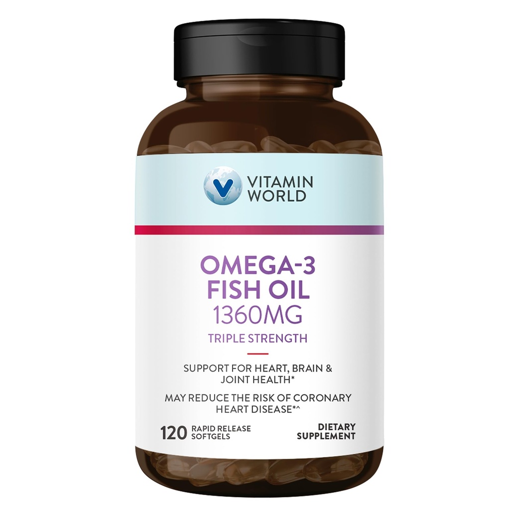 Vitamin World Triple Strength Omega 3 Fish Oil 1360 mg Supplement, 950 mg Active Omega-3 Fettsäuren mit EPA & DHA, unterstützt Herz, Gehirn & Gelenke Gesundheit, Glutenfrei, 120 Softgels, 4 Monate Versorgung