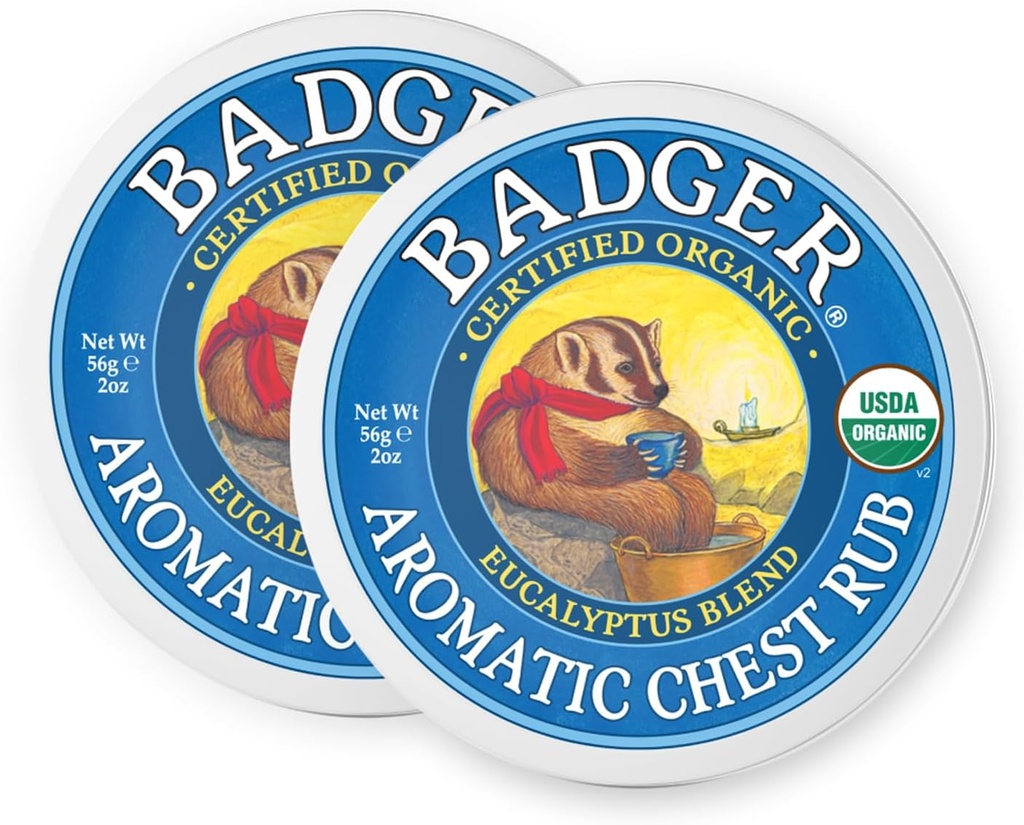 Badger Aromatic Chest Rub, 100% Organic Vaporub w/Eucalyptus & Lavender Essential Oils to Clear & Soothe, All-Natural Chest Congestion Relief for Adults & Kids, 2 oz Tin, 2-Pack