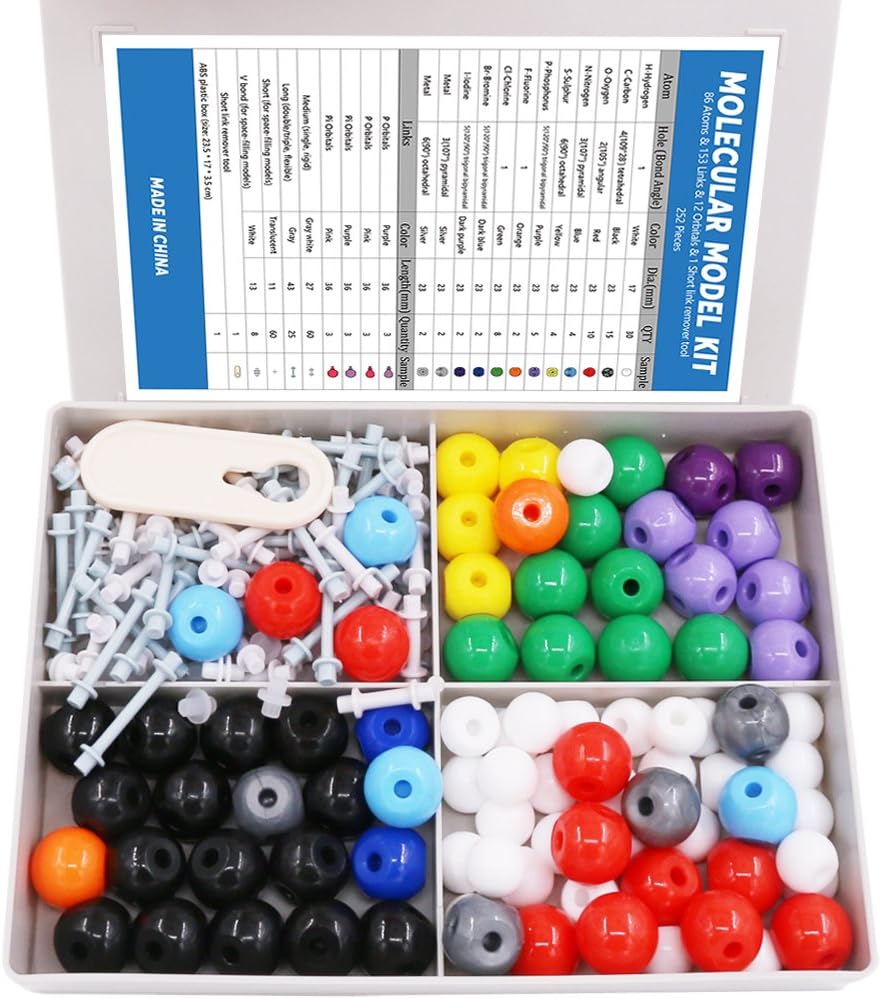 Swpeet 240 Pcs Chimie biologique Modèle moléculaire Student and Teacher Kit, Chimie Modèle moléculaire Student and Teacher Set - 86 Atomes & 153 Bonds & 1 Short Link Remover Tool