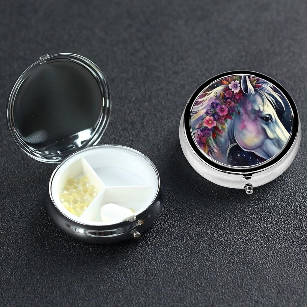 Cassa di pillola rotonda 3 scompartimento Pill Box Containe Pillbox per il viaggio Piccolo caso Pill Cavallo in The Night Pill Organizer per Vitamine Fish Oil Box