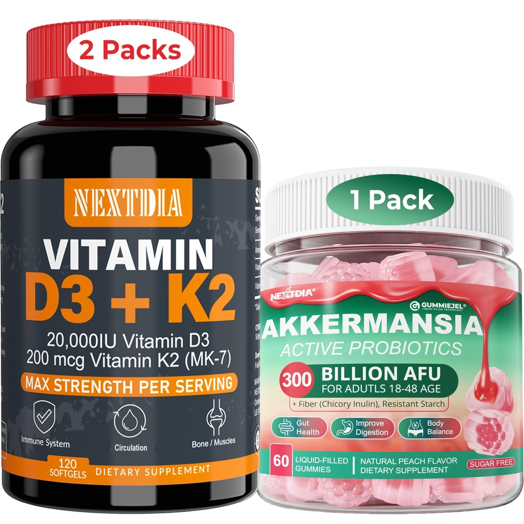 Vitamina D3 20.000 UI + K2(MK7) 200mcg Softgels + Akkermansia Probiotici Gummies con prebiotici Fiber