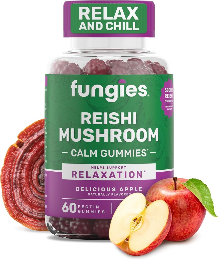 Fungies Reishi Mushroom Gummis, Delicious Apple Flavor - Pilz Kräuterergänzung Gummy für Erwachsene unterstützt Immungesundheit, Entspannung &amp; Gesundes Alter - Beruhigende Gummis für Schlaf - 60 Servierungen