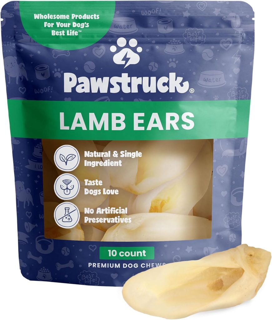 Pawstruck naturale Agnello Orecchie Chew Trattamenti per cani di piccola e media - Sano, Basso Grasso, Senza Preservativi Artificiali, Singolo Ingrediente, Altamente Digeribile - 10 Conte - Imballaggio May Vary