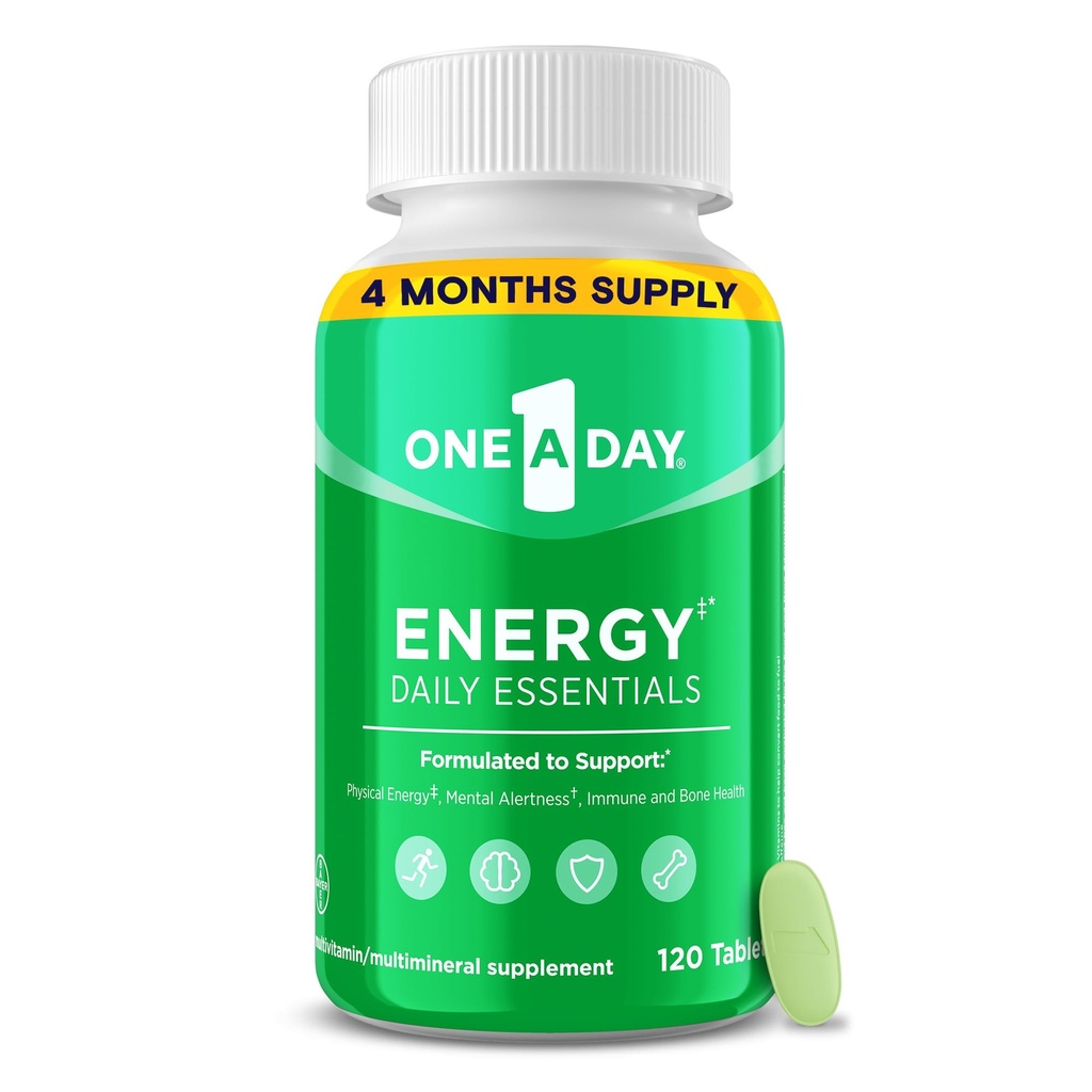 Un jour d'énergie Essentiels quotidiens Multivitamine, supplément énergétique pour soutenir l'alerte mentale et la santé immunitaire avec des vitamines A C, D, E, zinc et caféine, 120 comte