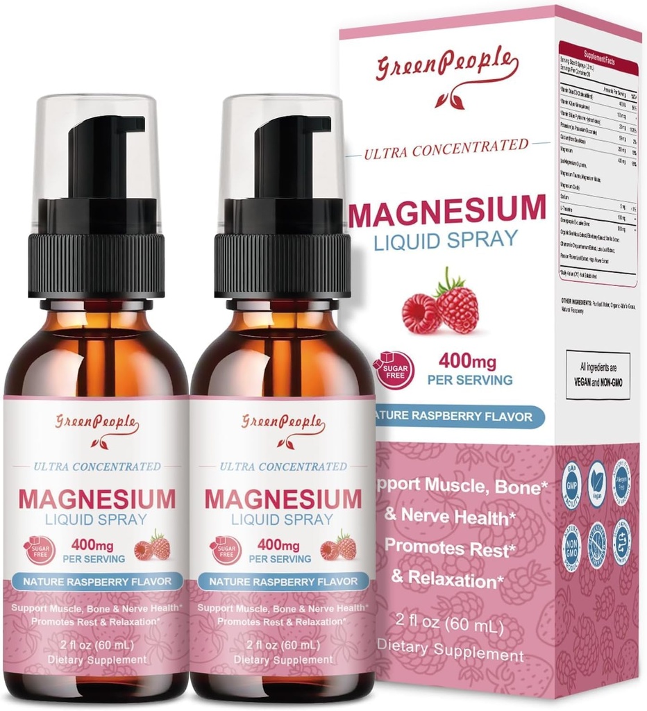 GreenPeople Magnesium Glycinate Liquid Spray 400mg - Magnesio Potassium Supplement con Magnesio Malato Vitamin D3k2, B6 per il supporto calma, Muscolo, Bone & Sleep Support 4 Fl Oz