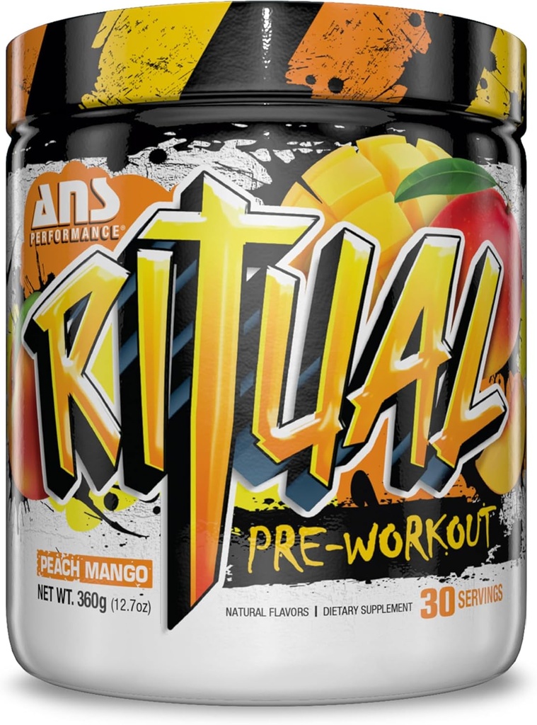 ANS Performance Ritual Pre Workout (30 Serve, 12.7 oz) - Formula di Preallenamento completa - Energia, messa a fuoco, & Forza - Aumentare la potenza di uscita e volume di allenamento - Endurance & Stamina (Peach Mango)