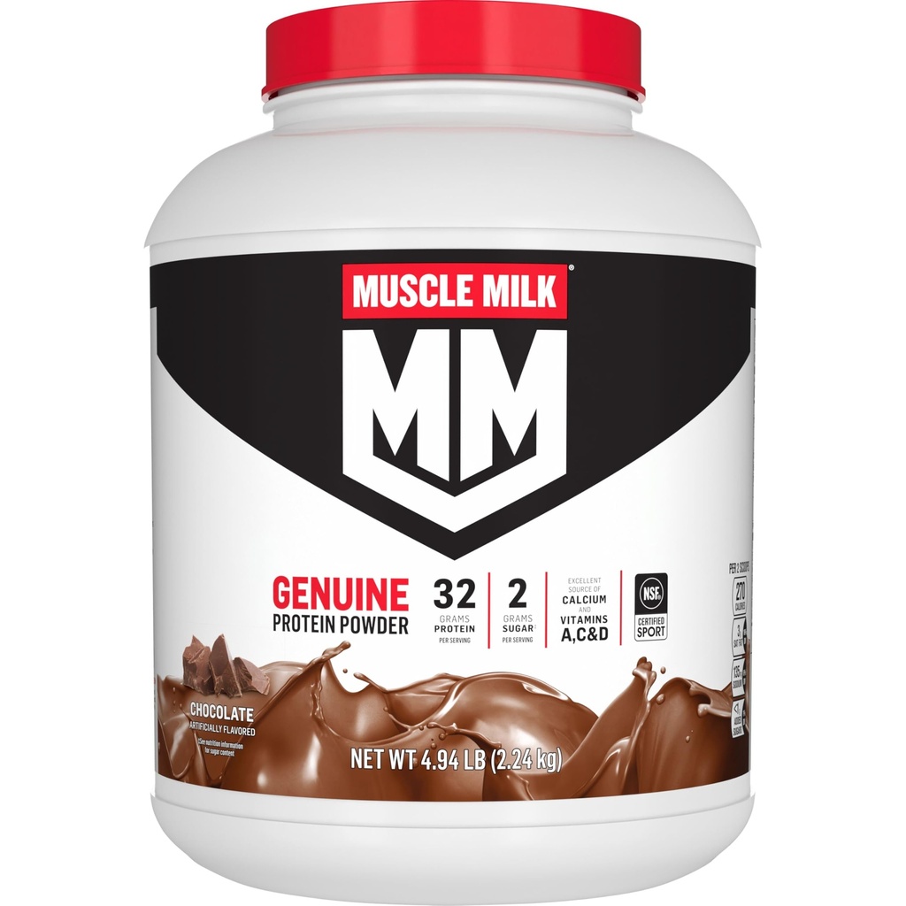 Muscle Milk Genuine Protein Powder, Chocolate, 4.94 Pound, 32 Servierungen, 32g Protein, 2g Zucker, Calcium, Vitamine A, C & D, NSF zertifiziert für Sport, Energizing Snack, Packaging May Vary