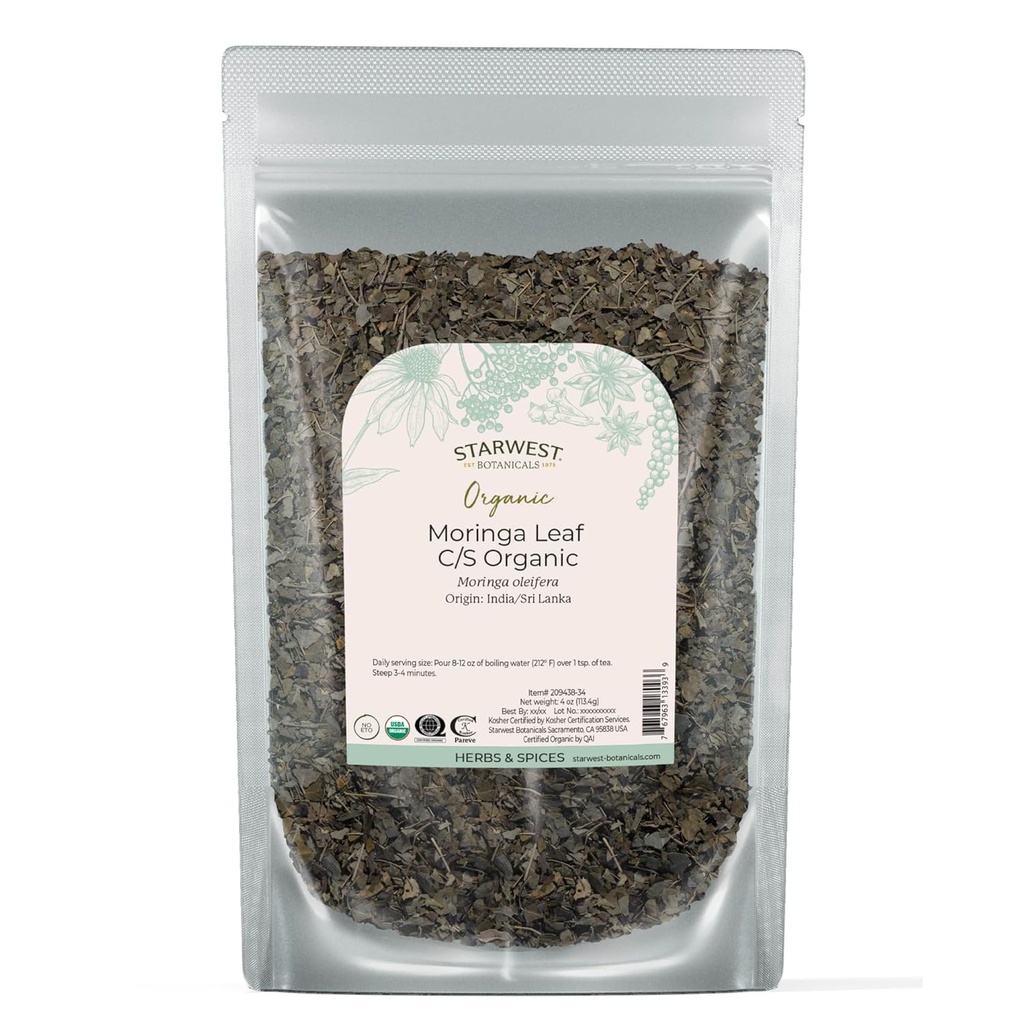 Starwest Botanicals Organic Moringa Leaf - Herbe pour thé, capsules, jus et smoothies, source naturelle d'antioxydants, coupée et tamisée, certifiée Kosher, non OGM - 4 oz Pouch