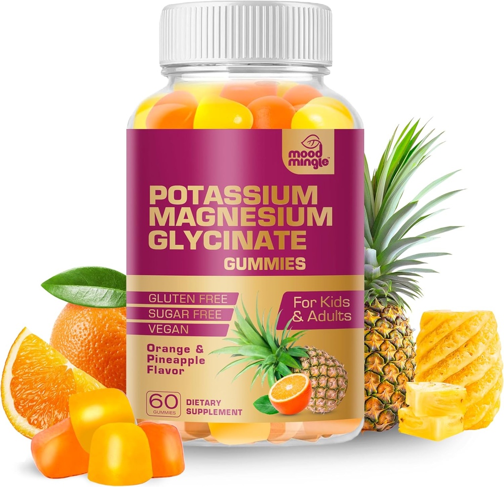 MoodMingle Potassium Magnesium Glycinate Supplement Gummi - Hohe Absorption Kalium Kauen - mit Kalzium Vitamine B6 B12 C D3 K2 Zink - Vegan Sugar-Free Gluten Kostenlos für Kinder Erwachsene