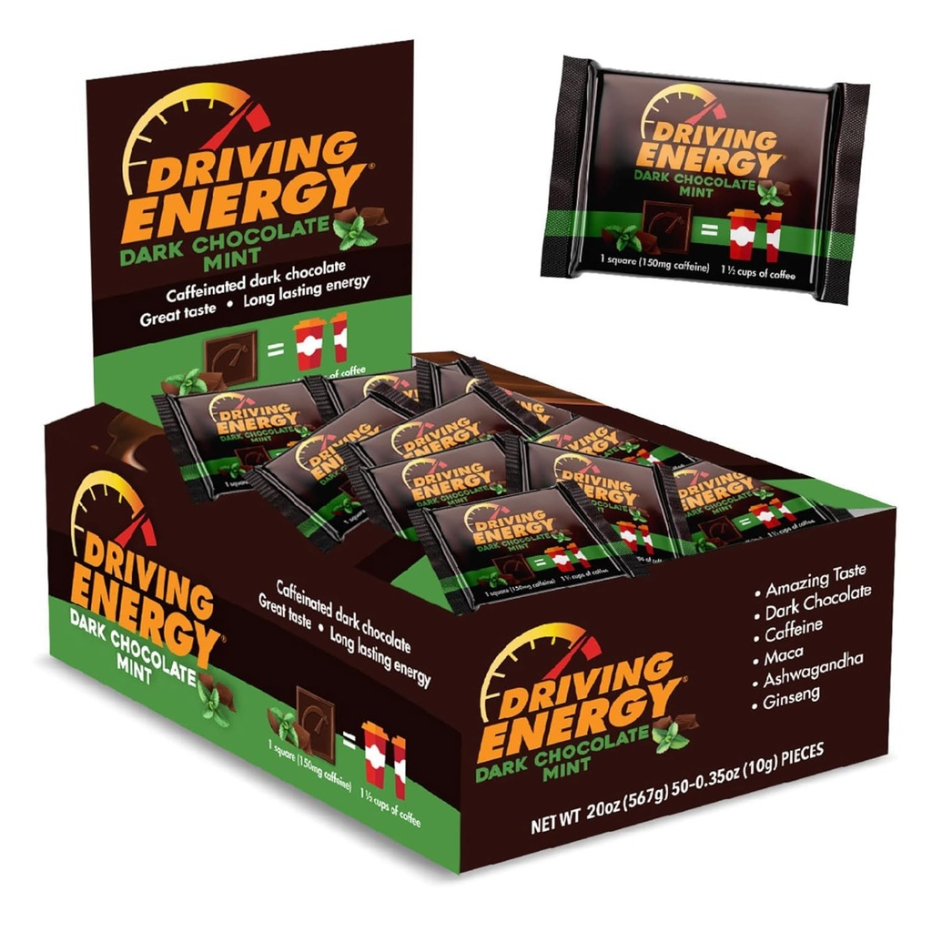 Énergie de conduite - Bite d'énergie caféiné - Chocolat foncé Mant Énergie Carburant avec 150 mg de caféine - L'énergie de longue durée pour la gymnastique, l'entraînement, les adultes - grand goût - faible teneur en glucides - Snack santé - 50 Compte