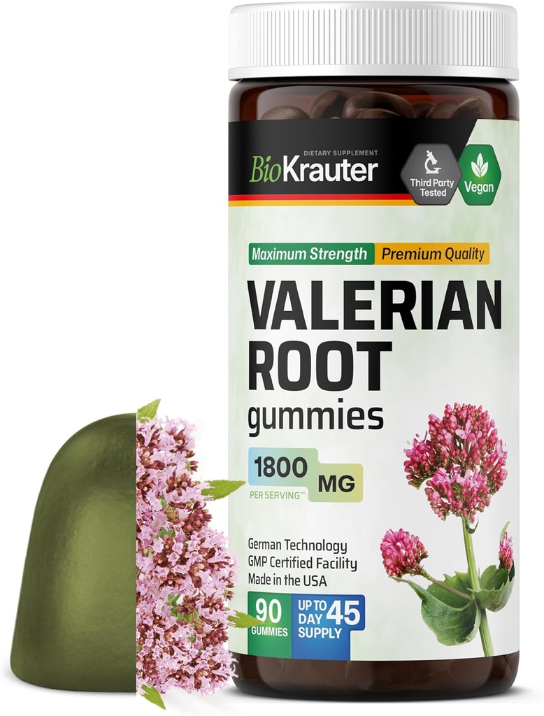 BIO KRAUTER Valerian Root Gummies - 1800 mg Stärke - 90 Vegan Chews - No Melatonin - Support Relaxation & Beruhigung - Valerian Root Extract