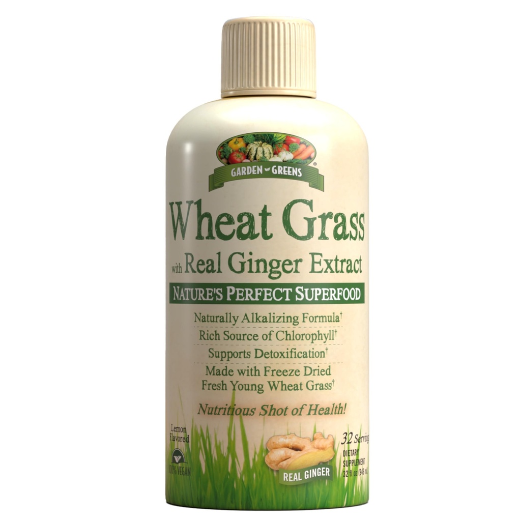 Garden Greens Wheat Grass Liquid with Real Ginger Extract, Nature's Perfect Superfood, 32 servings