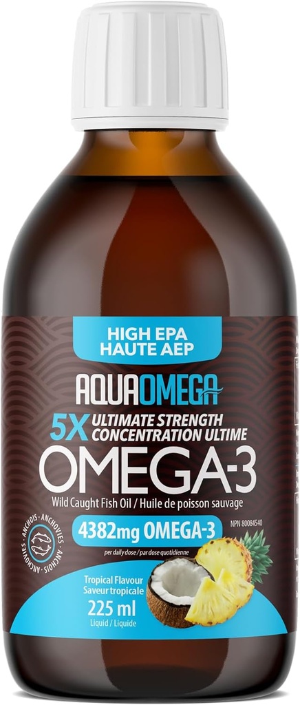 5X Ultimate Strength Liquid Fish Oil Supplements, Wild Caught Omega 3 Fish Oil Liquid, High EPA & DHA Omega3 Fettsäuren, Omega 3 Supplement mit Vitamin D, 7.60floz, Tropical Flavor