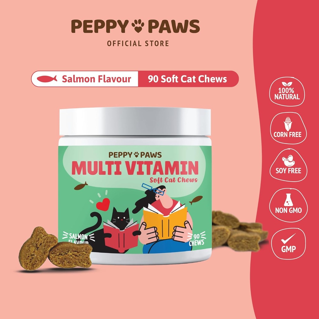 Multivitamine pour les chats – 90 Chews tendres.Oméga 3, Huile de saumon, Glucosamine, MSM, Chondroïtine, CoQ10, Probiotiques, Complexe Vitamine B & C.