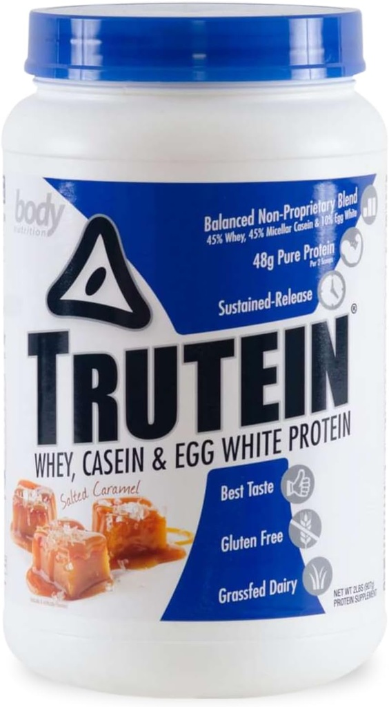Alimentation du corps Trutein Poudre à haute teneur en protéines: 45% Whey, 45% Caséine, 10% Blanc d'oeuf, sans gluten, faible teneur en sodium, Poudre de protéines de la farine de gazon, Supplément de gymnastique et petit déjeuner Shake, Caramel salé, 2lb