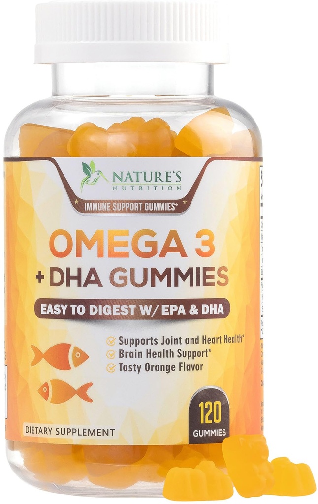 Omega 3 Fish Oil Gummis - Heart Healthy Omega 3 Gummy Supplement mit hoher Absorption DHA & EPA, Extra Strength Joint & Brain Support, Delicious Orange Flavor Fish Oil Nature's Vitamin - 120 Gummis
