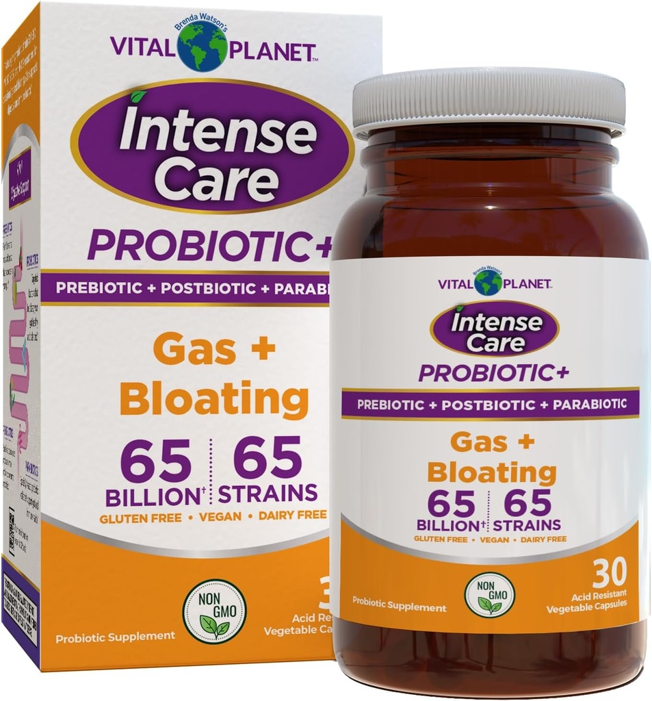 Planète vitale - Soins intensifs de gaz et de ballonnement probiotiques, prébiotiques, postbiotiques, parabiotiques, supplément réfrigéré 4-en-1 pour adultes, 65 milliards CFU, 65 souches, digestive et immunitaire, 30 ct