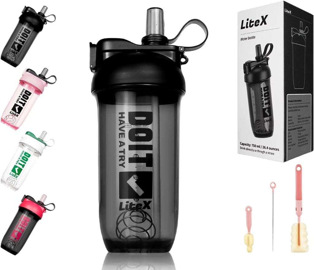 Bouteilles de shaker de litex pour shakes protéiniques, Bouteille de shaker pour pré-entraînement de 26oz, Bouteilles de shaker avec paille, Bouteilles de mélange Tritan sans BPA pour poudre de protéines, avec pinceau et instructions (Noir)