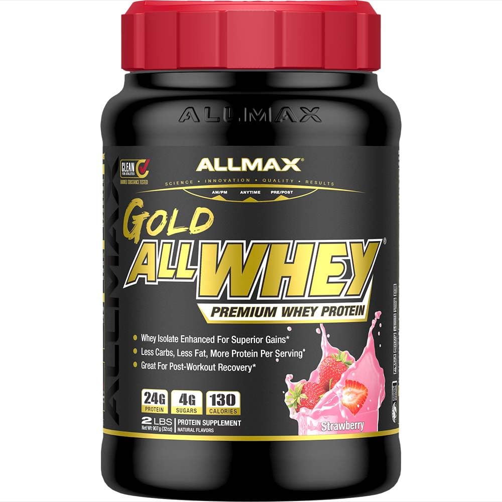 ALLMAX Nutrition Gold ALLWHEY, Fragola - 2 lb - 24 Grammi di Proteine Per Scoop - Gluten Free, Low Carb & Low Sugar - Circa 30 Serve