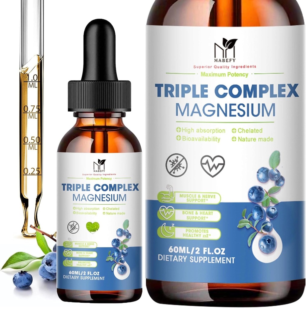 Magnésium Glycinat Liquid Drops Complex Supplément avec Taurate, Malate pour Calme, Crampes de jambes, Énergie , Magnésium végétalien sans sucre et naturel, Saveur de bleuet