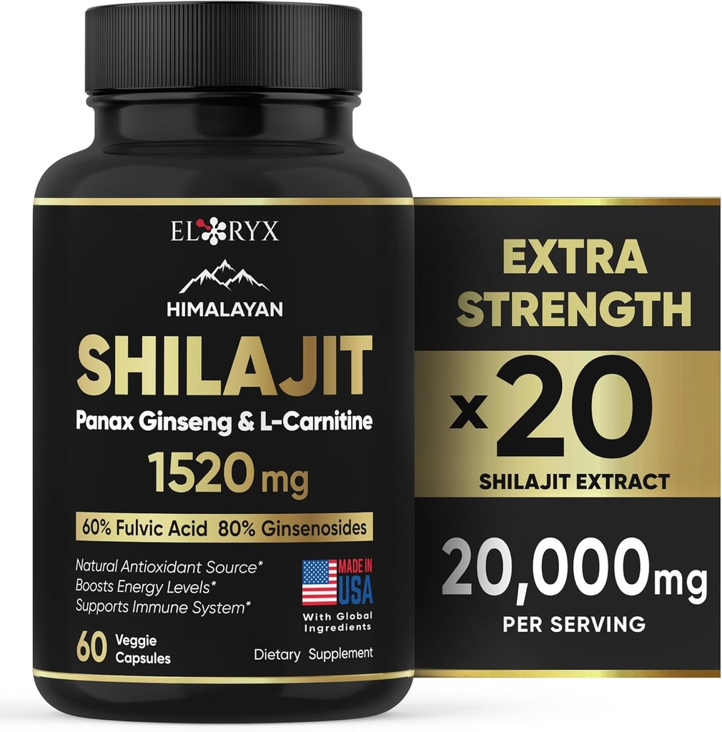 Supplément Himalayan Shilajit, 60 capsules, extrait de poudre, 60% d'acide fulvic, 85+ Trace Minerals, Energy & Immune Support Shilajit pour les hommes et les femmes, alternative à la résine ou les pilules authentiques