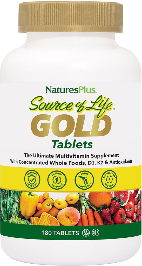 NaturesPlus Quelle des Lebens Gold Multivitamin - 180 Tabletten - mit Vitaminen D3 & B12 - Blut, Knochen und Immununterstützung - Vegetarisch & Glutenfrei - 60 Servietten