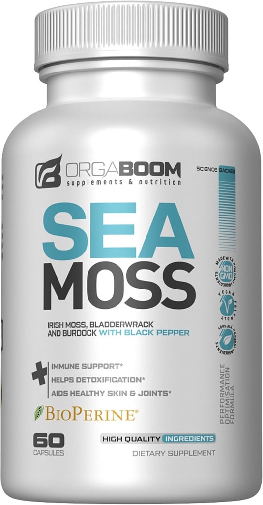 Sea Moss Capsules Irish Sea Moss Supplement mit Bio Burdock Root, Bladderwrack & Black Pepper | Boost Energy, Detox & Immune Support | Non-GMO, Vegan | Made in USA - 60 Count