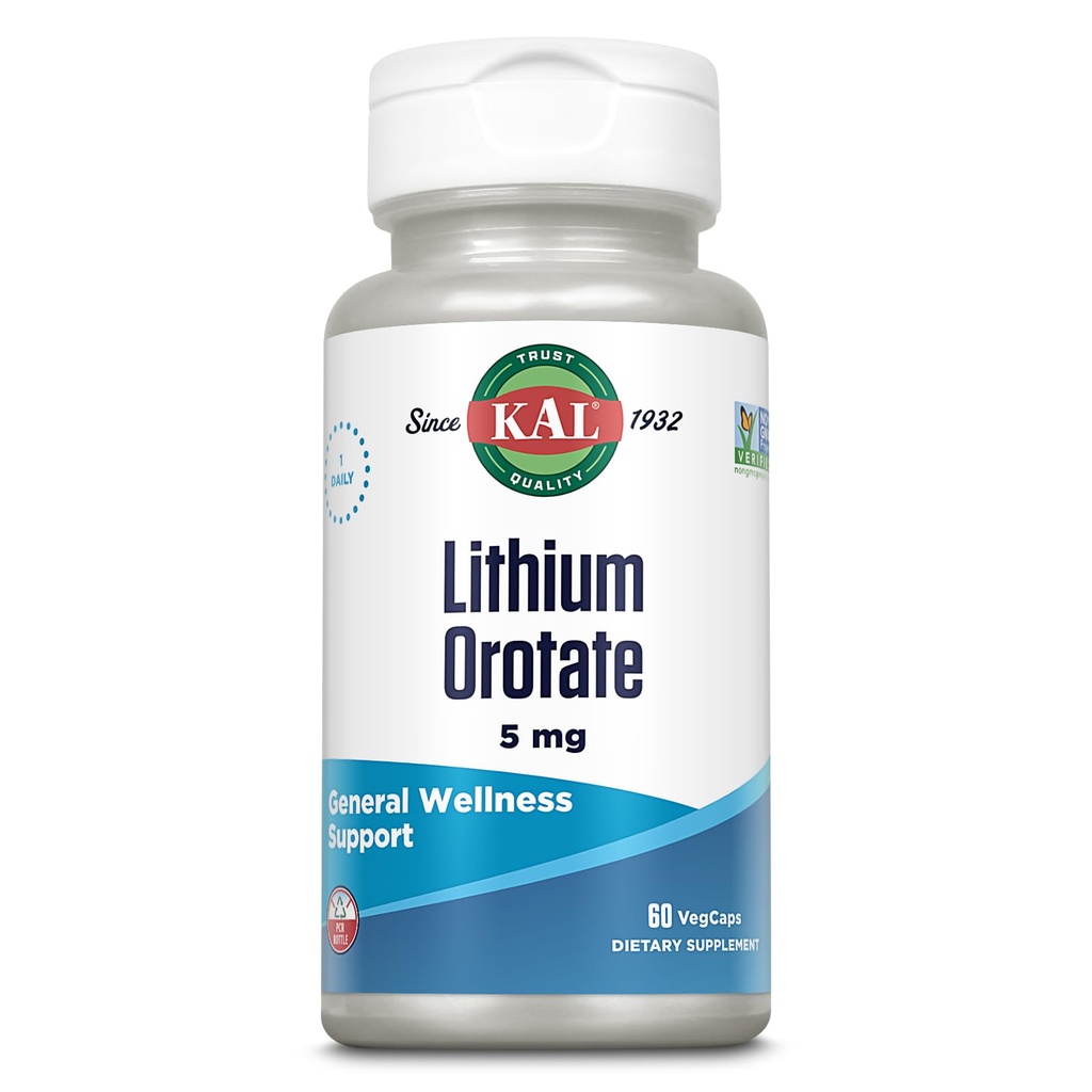 KAL Lithium Orotate 5mg | Low Serving of Chelat Lithium Orotate für Bioverfügbarkeit & Mood Support | in Organic Rice Bran Extract Base | 60 VegCaps