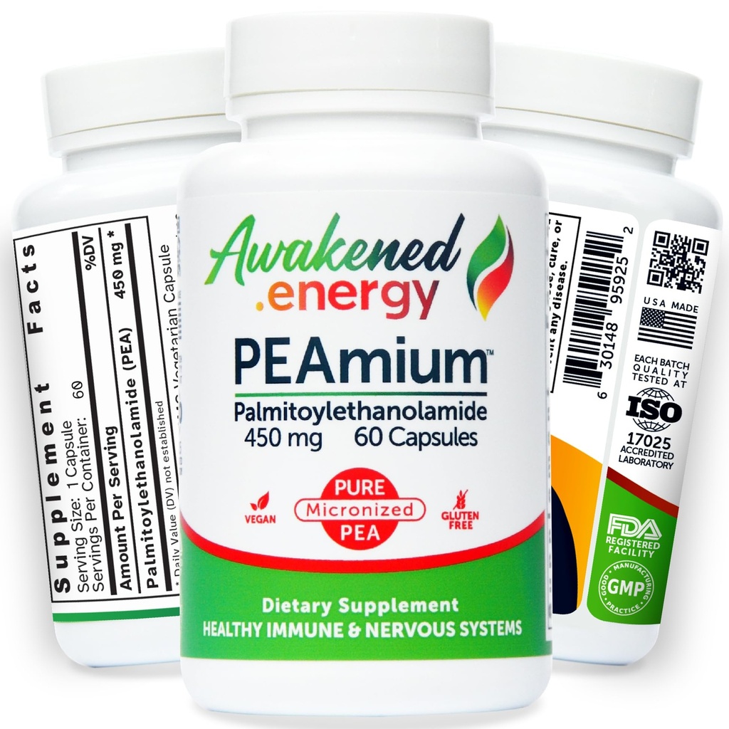 Palmitoylethanolamid 450mg Comfort Mobility Nerves Cognitive & Immune Support - Micronized High Absorption - All Natural Pea - USA Made - Keine Additive oder Hilfsstoffe – 60 Vegan Kapseln Supplement